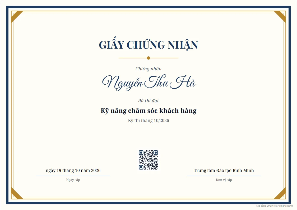 Chứng chỉ mẫu có mã QR xác minh ở giữa cạnh dưới