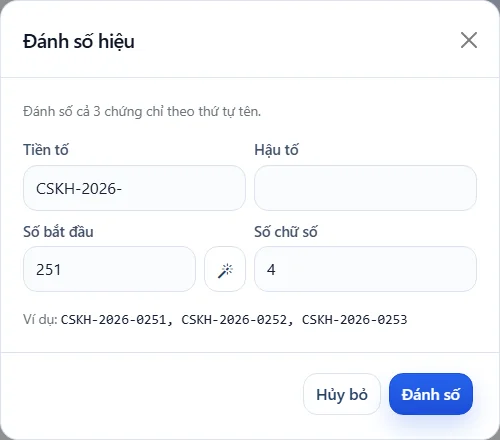Hộp thoại Đánh số hiệu với tiền tố, số bắt đầu, số chữ số và ví dụ