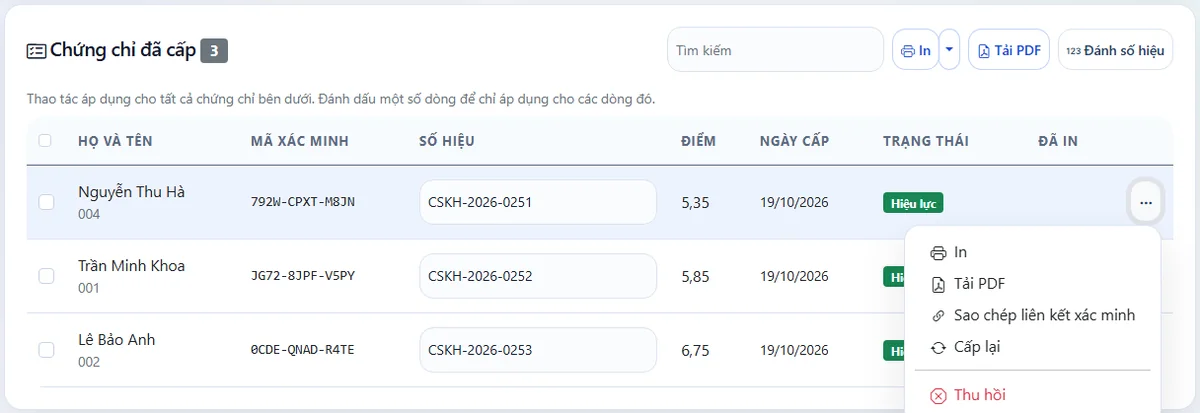Menu thao tác của một chứng chỉ: In, Tải PDF, Sao chép liên kết xác minh, Cấp lại, Thu hồi