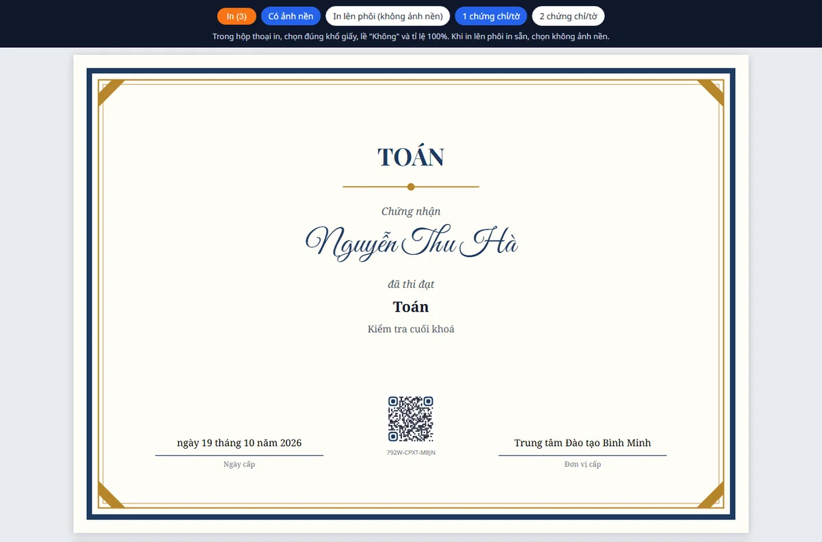 Trang in chứng chỉ với thanh công cụ chọn ảnh nền và số chứng chỉ mỗi tờ