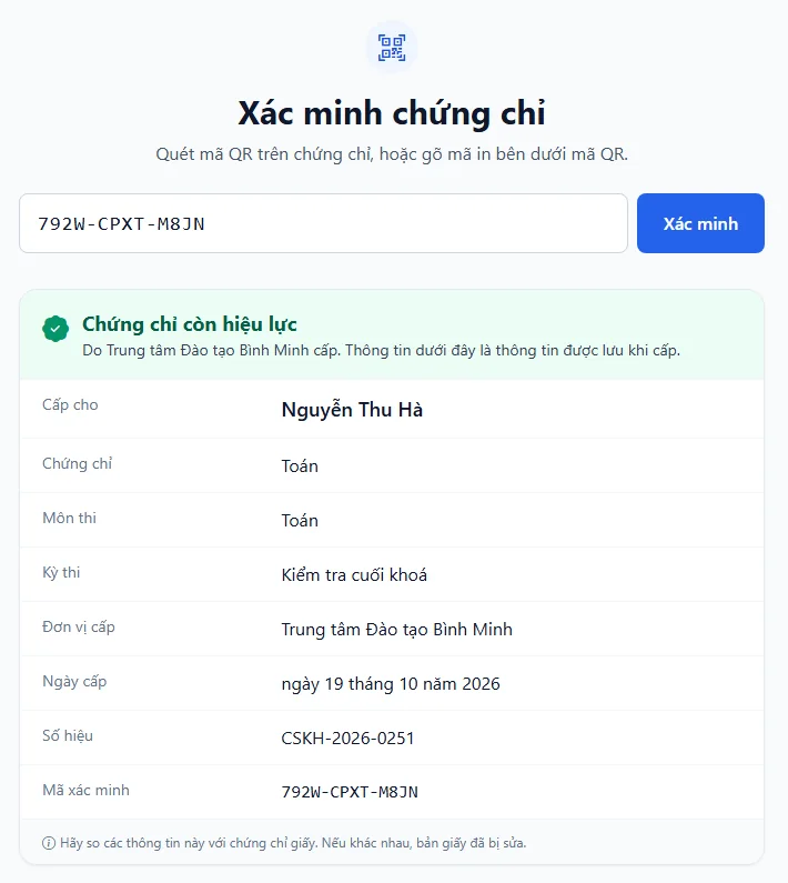 Trang xác minh báo chứng chỉ còn hiệu lực cùng họ tên, môn thi, đơn vị cấp, ngày cấp và số hiệu