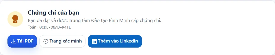 Thẻ Chứng chỉ của bạn trên trang kết quả của thí sinh với các nút Tải PDF, Trang xác minh, Thêm vào LinkedIn