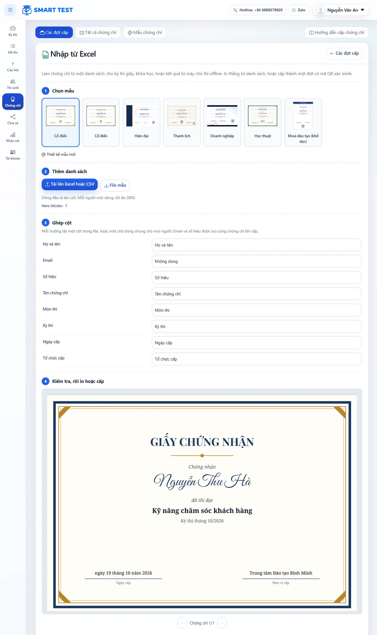 Trang Nhập từ Excel: chọn mẫu, tải danh sách, ghép cột và xem trước chứng chỉ