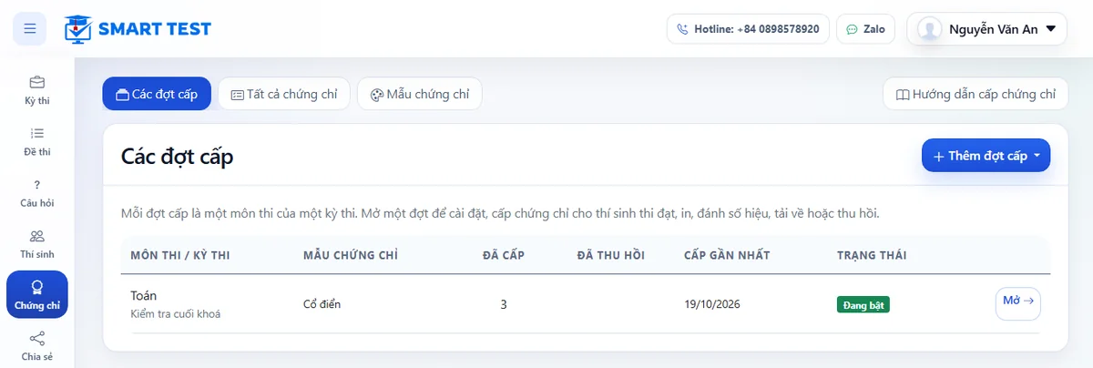 Trang Các đợt cấp liệt kê môn thi, mẫu, số đã cấp, đã thu hồi và trạng thái