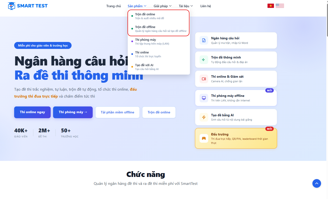 Trang smarttest.vn — Trộn đề offline và các nút tải bộ cài