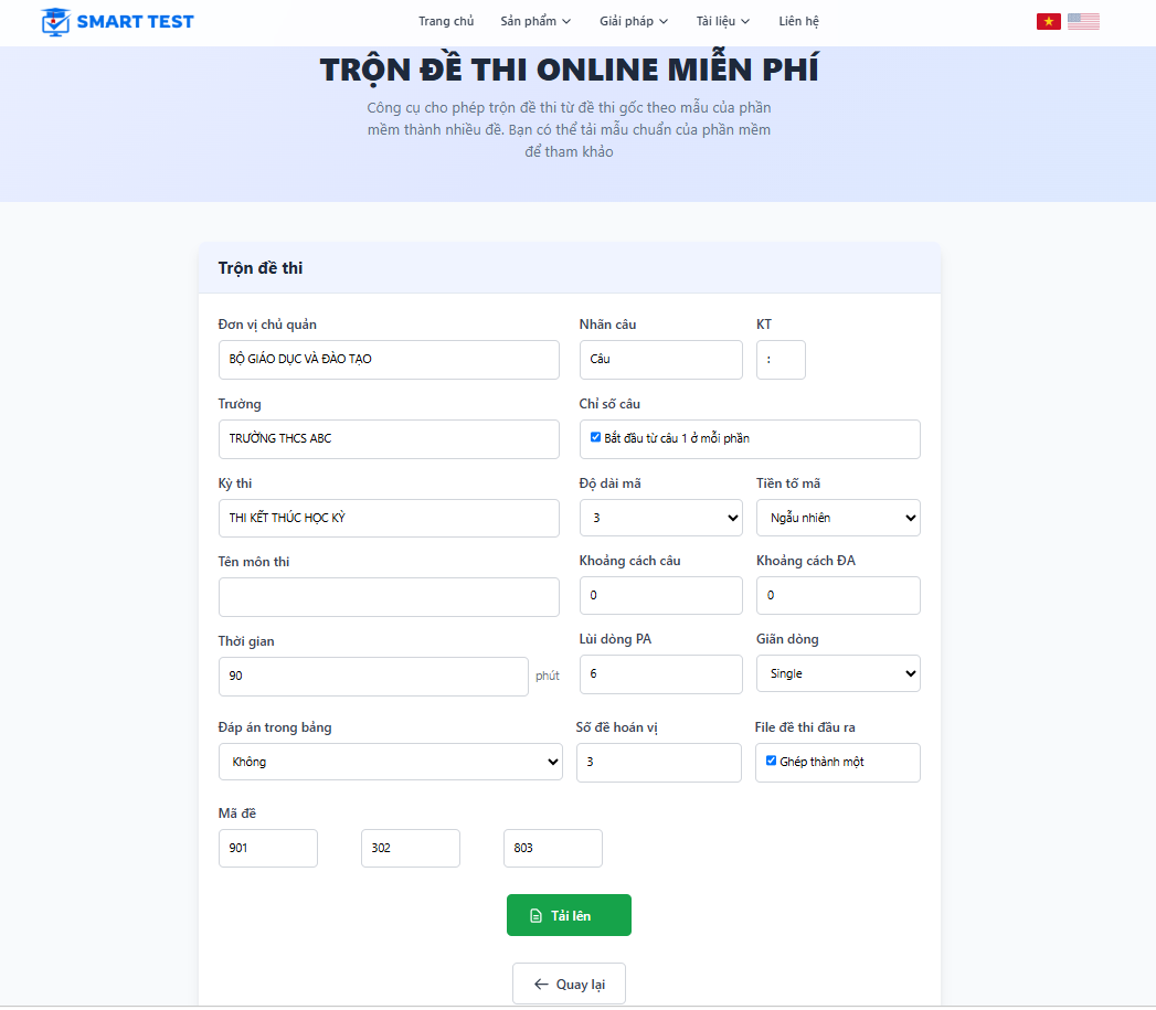 Trộn đề online trên web — nhập thông tin và mã đề