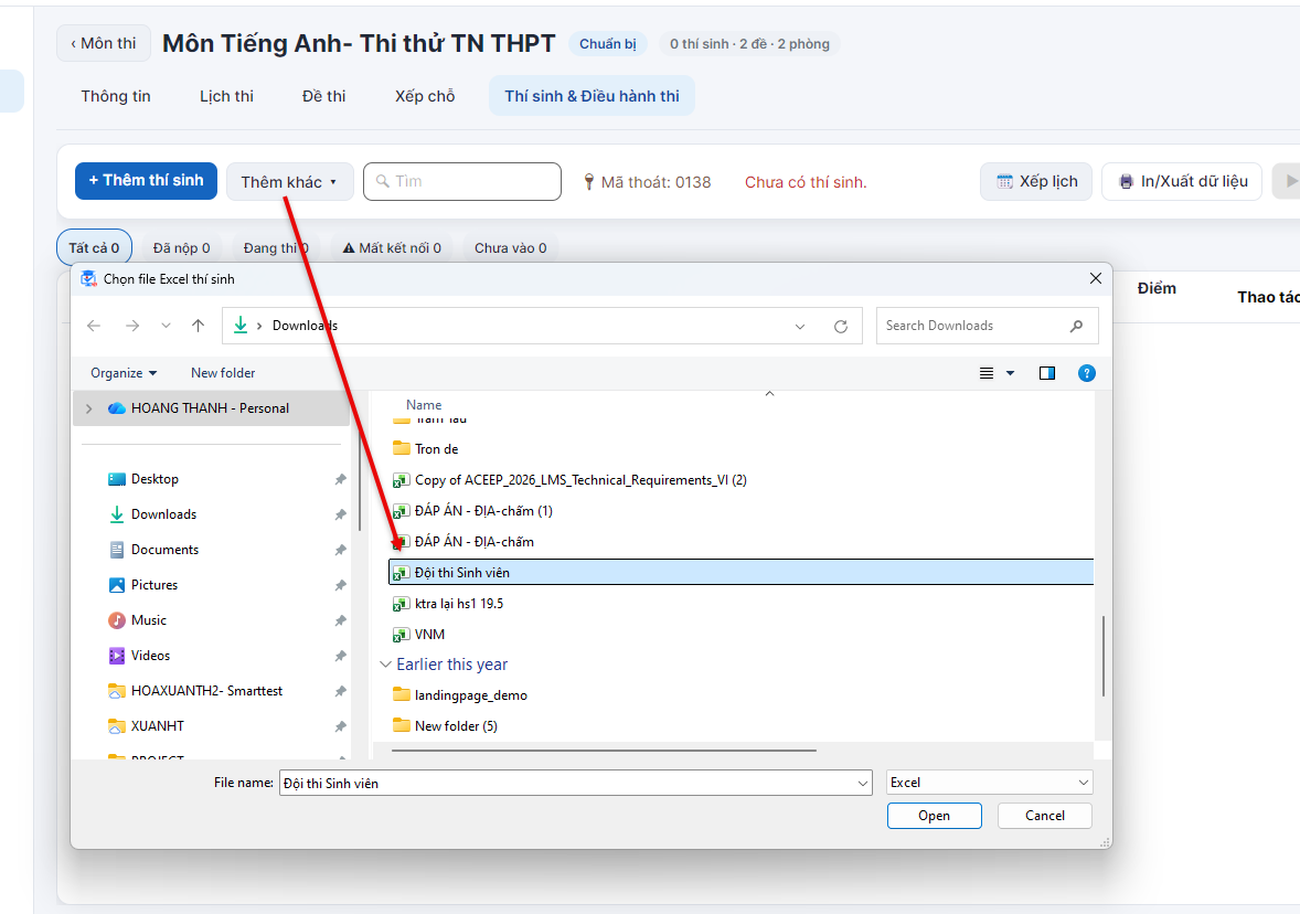 Chọn tệp Excel danh sách thí sinh