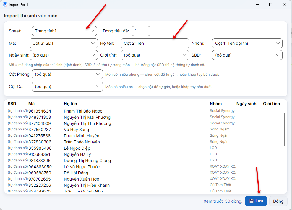 Ánh xạ cột Excel