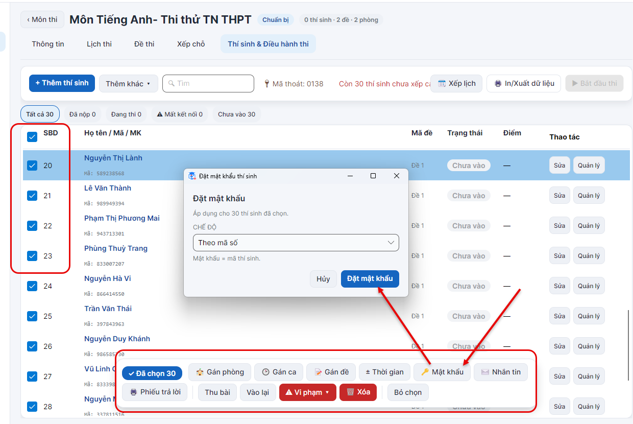 Thiết lập mật khẩu thí sinh theo ngày sinh