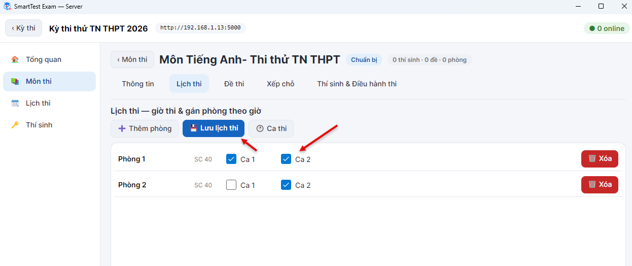 Tick phòng × ca rồi lưu lịch thi