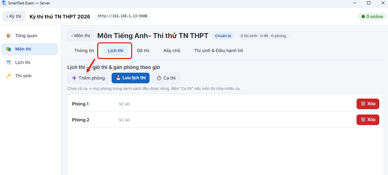 Thẻ Lịch thi — quản lý ca thi, phòng thi