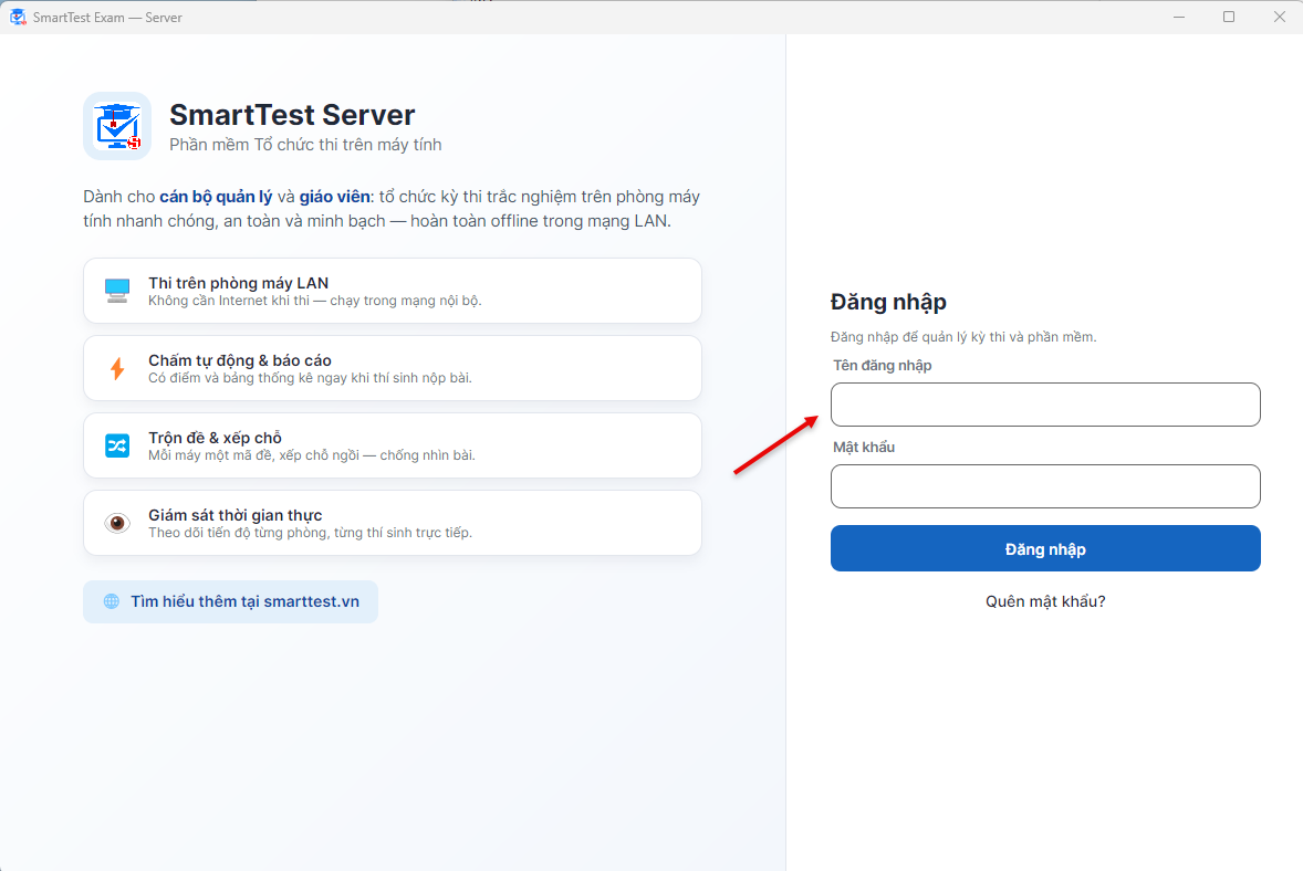 Màn hình đăng nhập SmartTest Server