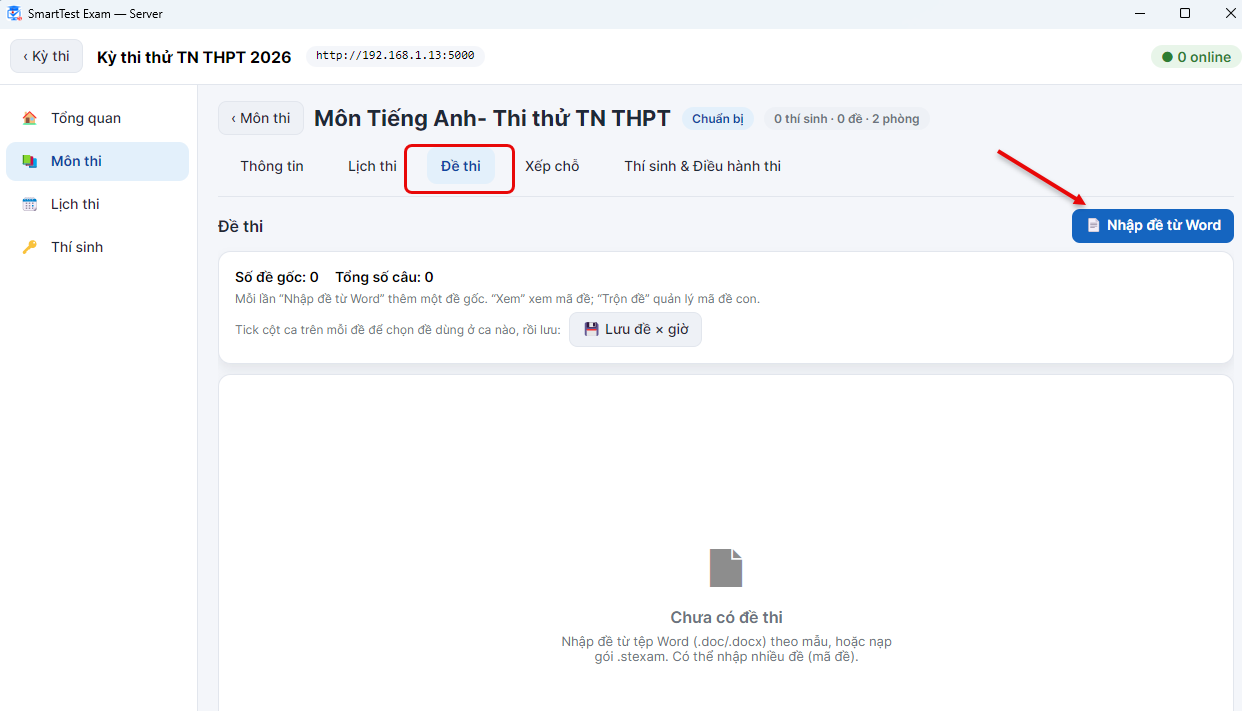 Thẻ Đề thi với nút Nhập đề từ Word
