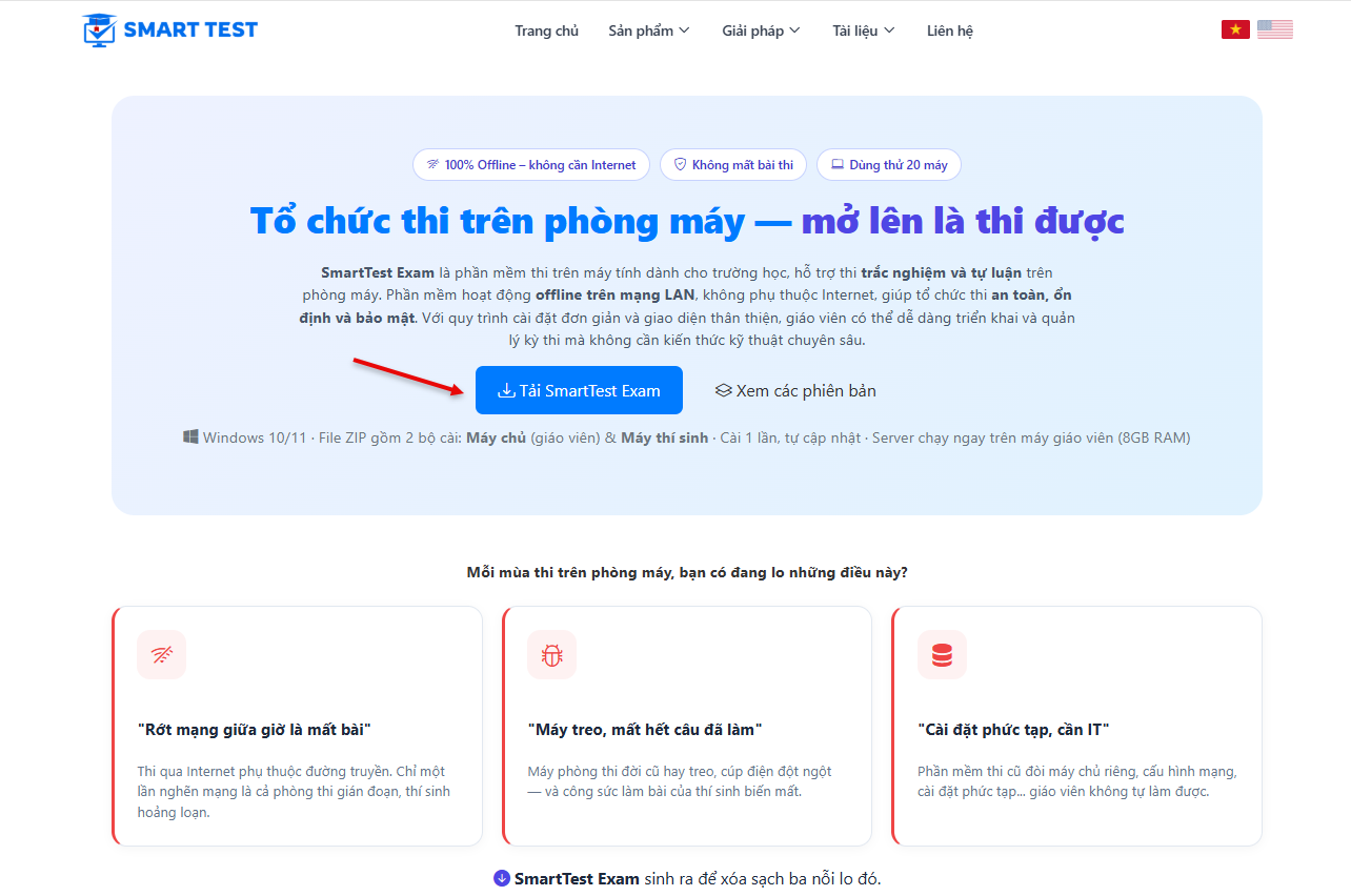 Trang smarttest.vn — mục Thi phòng máy để tải bộ cài
